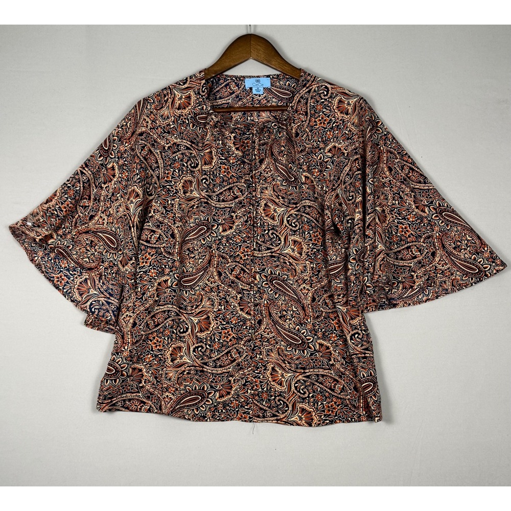 CeCe Paisley Blouse Women Size M Orange Navy NWOT Boho Flutter Sleeve Top